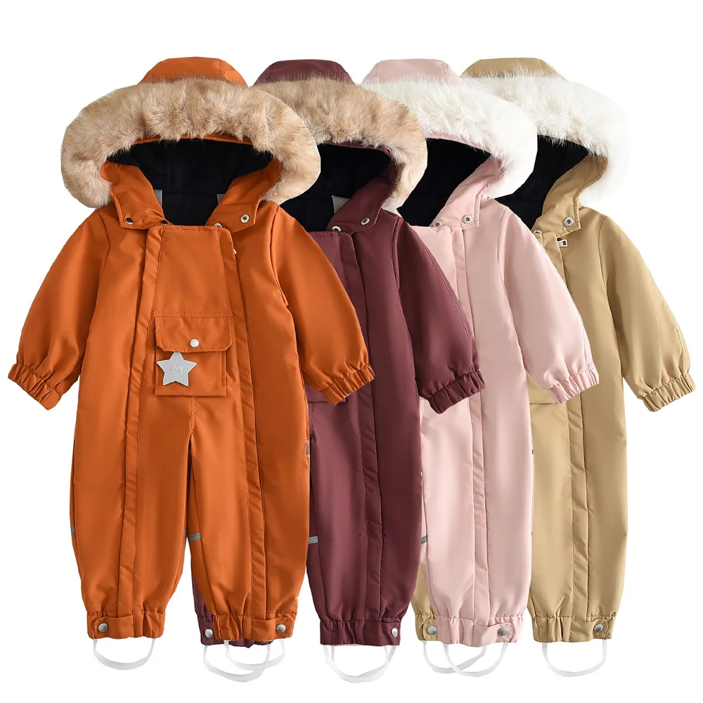 Toddler Baby Winter Ski Snowsuit Faux Fur Hooded Star Decor Warm Waterproof Jumpsuit Kids Outdoor Windproof Romper Outerwear