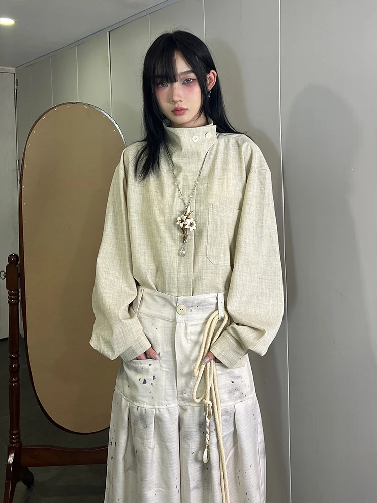 

Женская тонкая блузка с высоким воротником и длинным рукавом FG72, базовая модель с воротником-стойкой, модный дизайн, осенняя коллекция, женская блузка