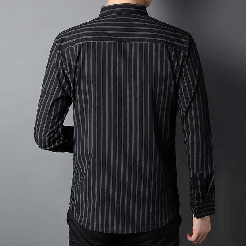 Korean Fashion Men Long Sleeve Stripe Shirt Spring Autumn New Button Pocket Streetwear Casual Loose Male Clothes Business Tops