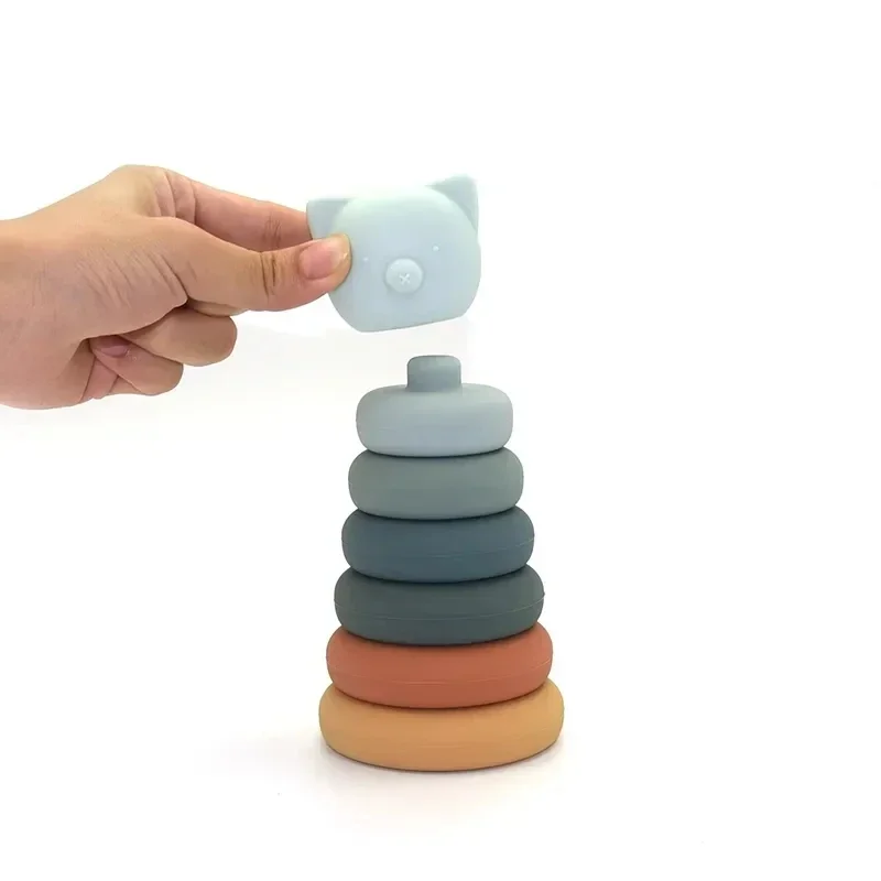 Early Educational Toys Silicone Rainbow Stacking Ring Tower Game Blocks Baby Montessori Toys