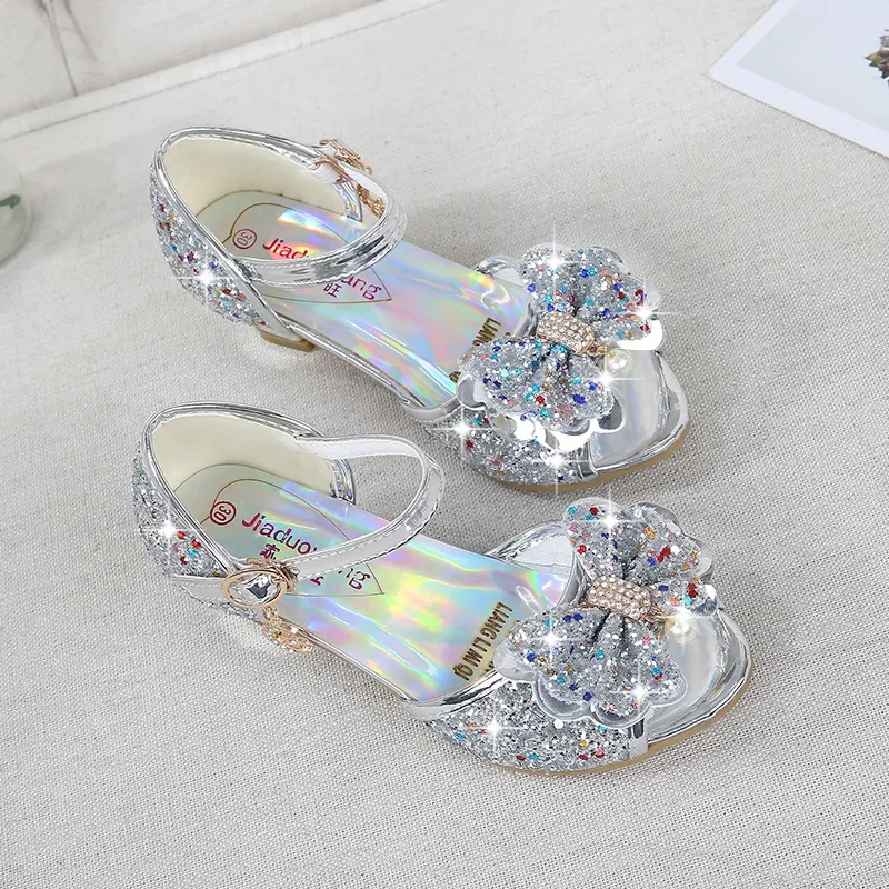 5 Colors Children Princess Sandals Kids Girls Wedding Shoes High Heels Dress Shoes Bowtie Gold Pink Blue Silver Shoes For Girls