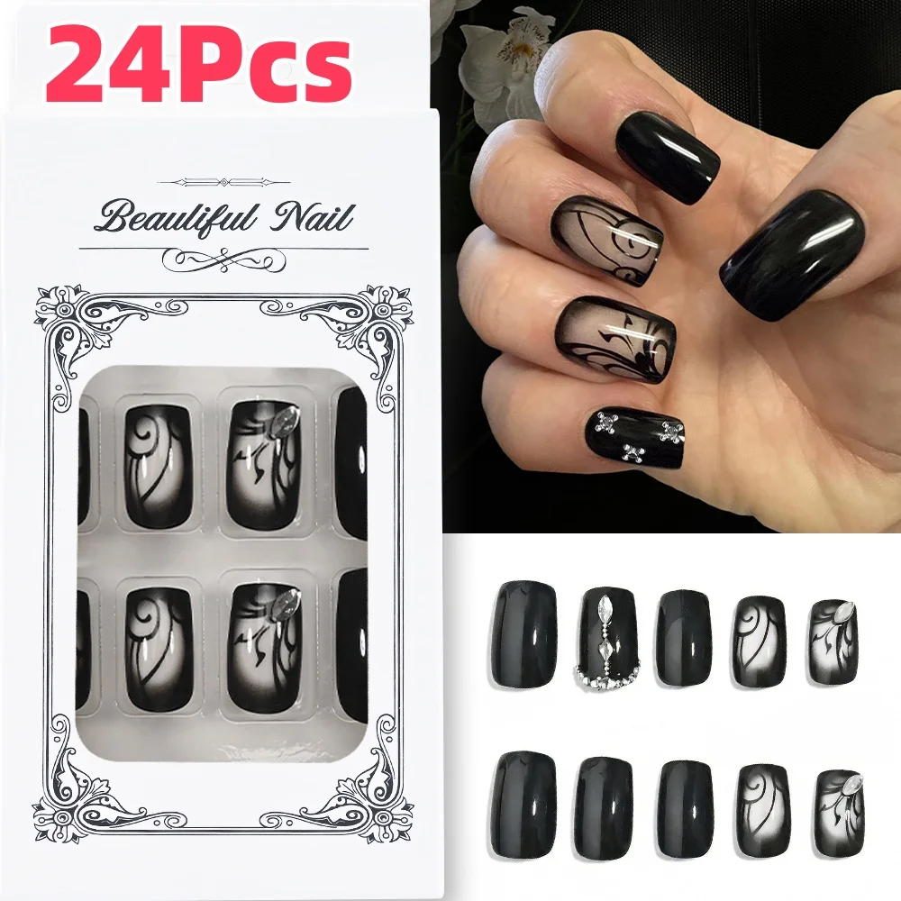 

24Pcs/Box Black Short Square Fake Nails with 3D Clear Rhinestones Full Cover Press-On Nail Cool Style Wearable False Fingertips