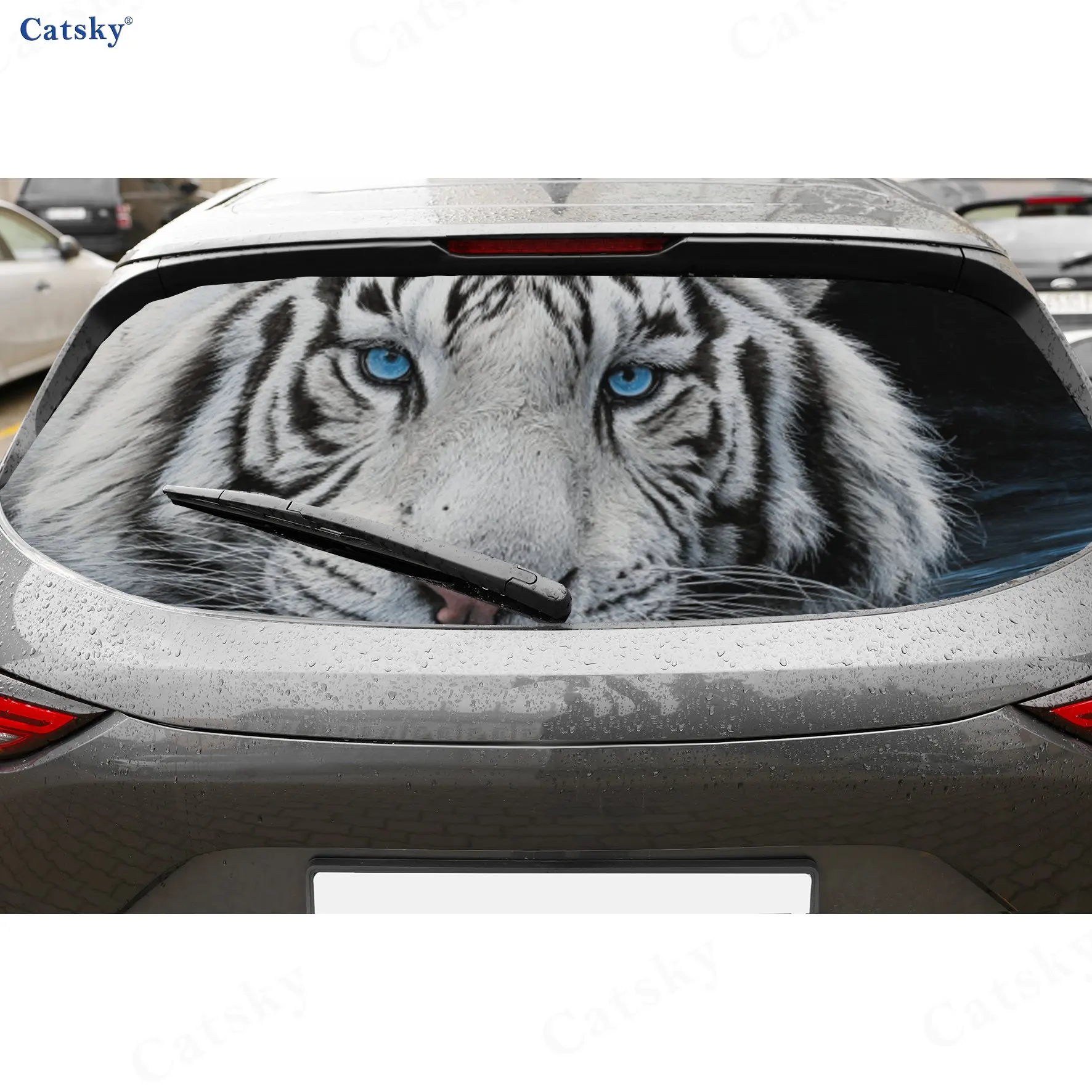 

Blue-Eyed White Tiger Retro Wild Pattern PVC Perforated Car Vinyl Wraps, Durable Car Rear Windshield Sticker, Waterproof Car Rea