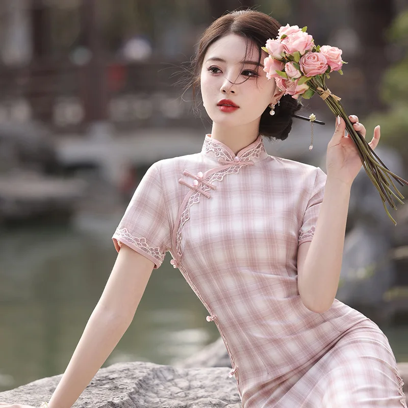 Pink Grid Cheongsam Chinese Traditional Clothing Retro Costume Stand Collar Short Sleeved Side Slit Slim Fit Dress for Women