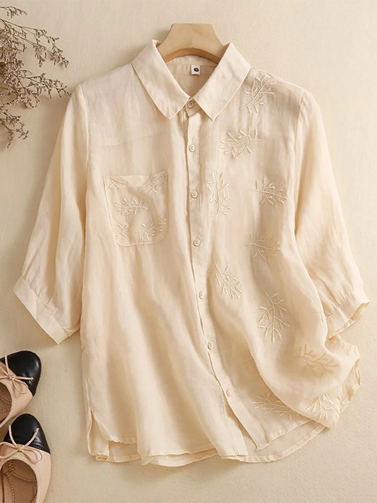 

Ele ort Sve Embroidered Cotton Linen irt Women's Collar Button up Loose Fit Summer Casual Faion Top