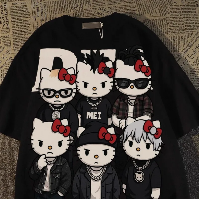 

100% Pure Cotton New Six Hello Kitty Fun Printed Short Sleeved Oversized T Shirt O-Neck Summer Loose Student Tops Kpop Clothes
