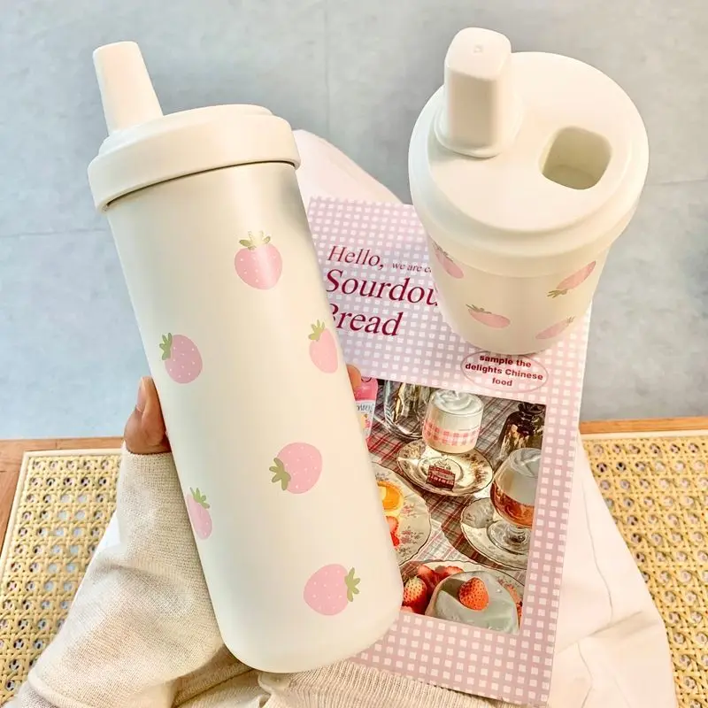 

Cute Strawberry Insulated Water Bottle Stainless Steel Vacuum Thermos With Straw For Girls Outdoor Iced Coffee Drink Kawaii