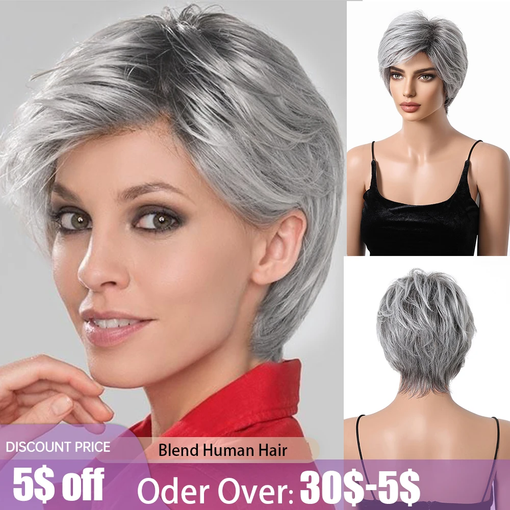 Short Pixie Cut Hair Blend Human Hair Wig Gray Ombre Remy Human Hair Bob Wig for Women Mommy Daily Heat Resistant Hair Mechanism