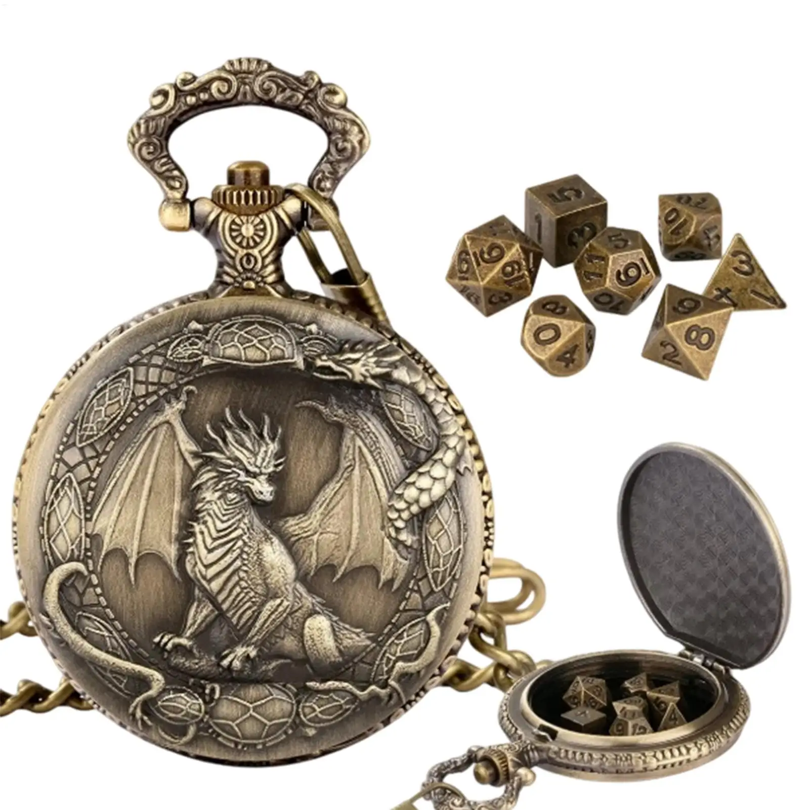 

Набор из 7 металлических многогранных кубиков для ролевых игр в футляре в виде карманных часов, подарок для игроков в D&D, начинающих, взрослых, для дома и путешествий