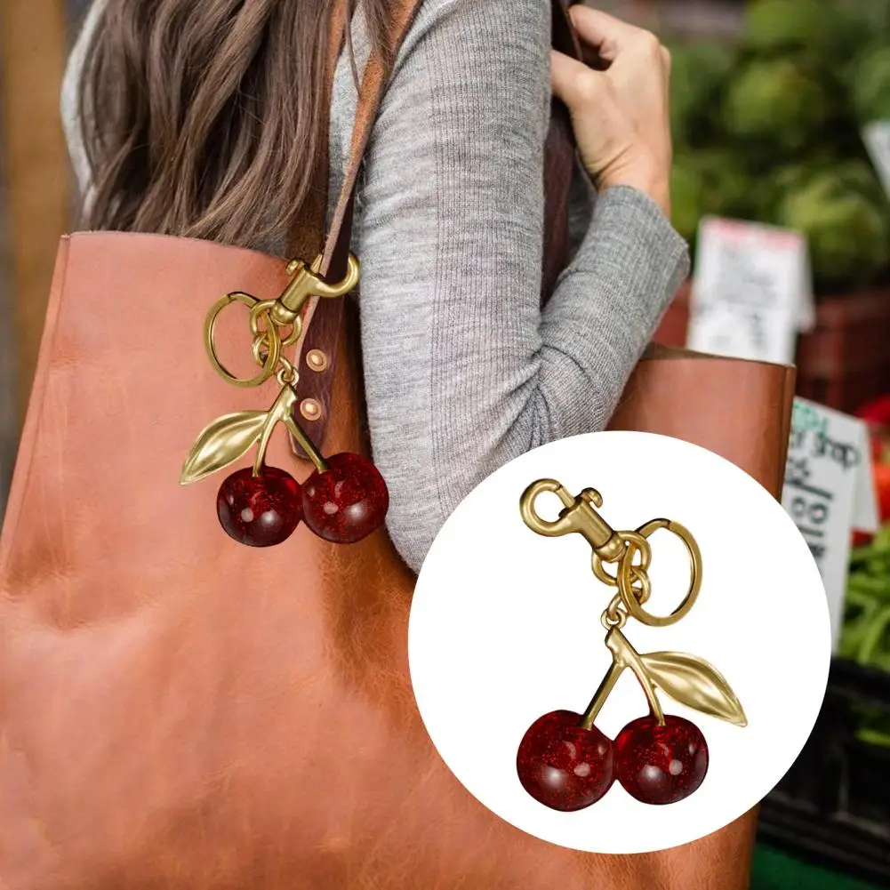 Cute Cherry Pendant Shoulder Bag School Bag Decoration Pendant Fruit Leaf Shape Stainless Keychain Keyring Key Holder