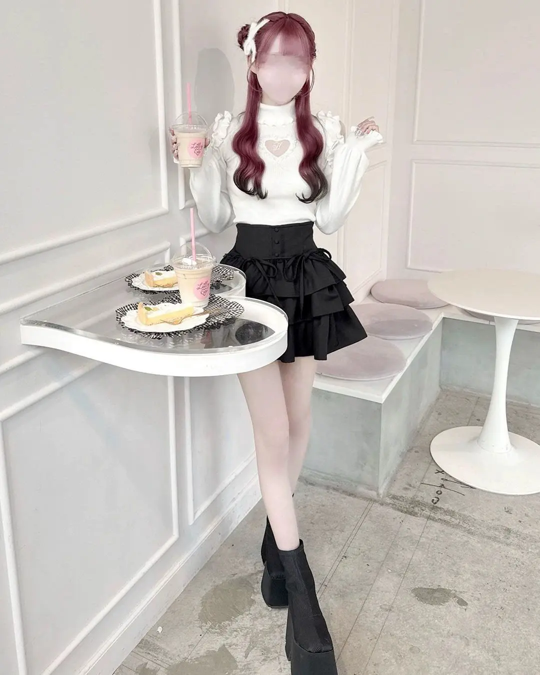 Japanese Style Elegant Sweet Hollow Heart High Neck Lace-up Ruffle Lantern Sleeve Knitted Sweater Pullover for Women Spring 2026