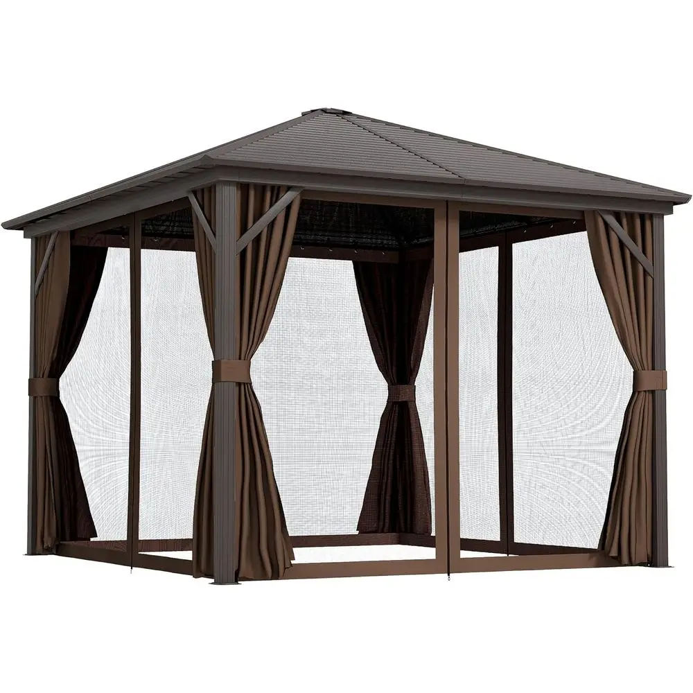 

10' x 10' Hardtop Gazebo with Galvanized Steel Roo, e, Permanent Pavilion Outdoor Gazebo with Hook, Netting and Curtains or Pati