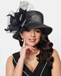 Sombrero de Iglesia elegante con lazo para mujer, gorro de boda trenzada de satén PP, moda elegante, 2023