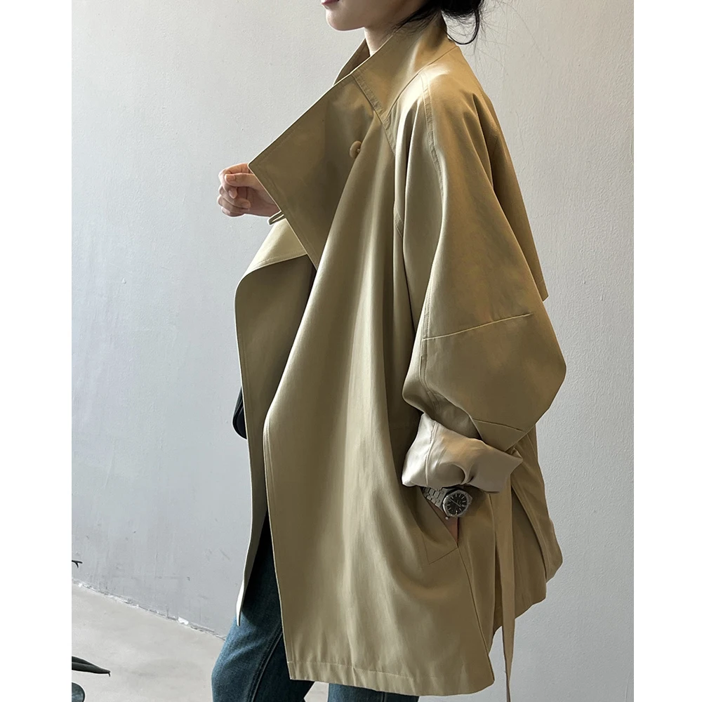 2024 Women Autumn Khaki Trench Coat Stand Collar Women Loose Style Coat With Belt Casaco Feminino New Trench Femme