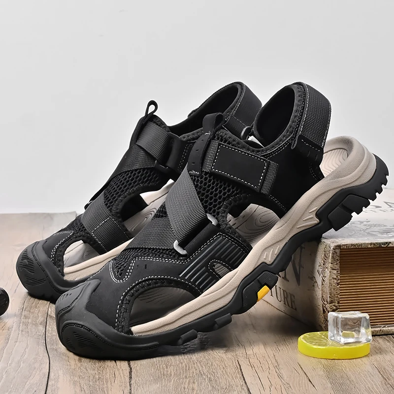 

Executive Leather + mesh Slide Sandals Hand-Finished Construction Breathable for Commute Garden