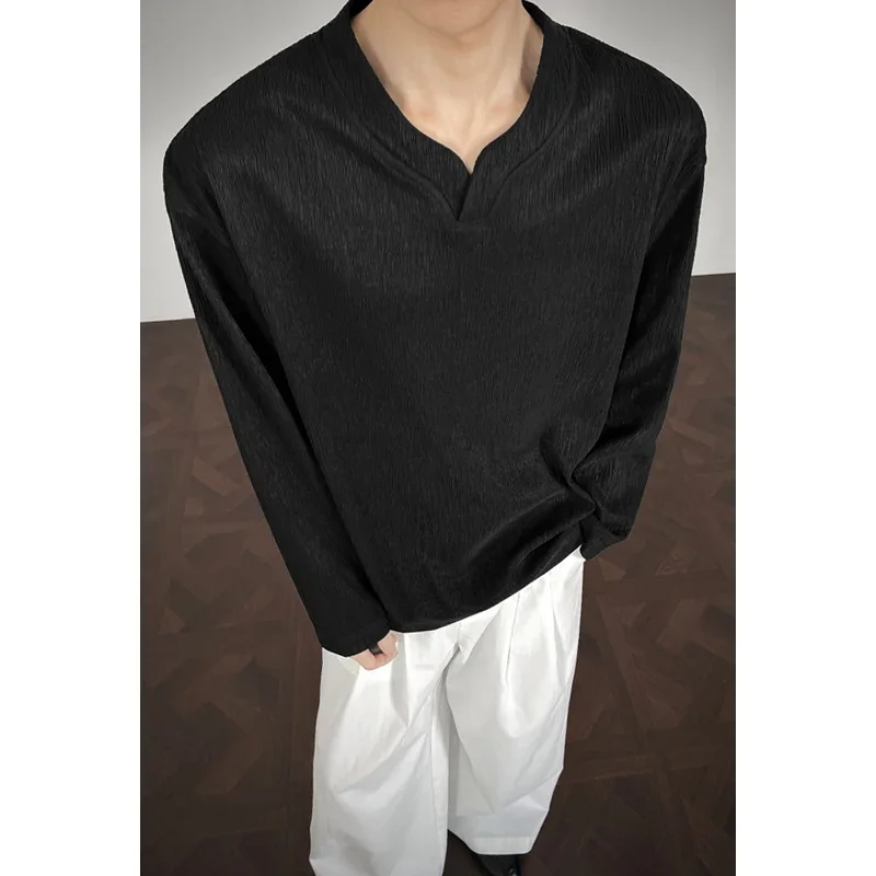 Men Casual Notch Neck Long Sleeve Top Wrinkle Crepe Fabric Loose Cut All Match Vacation Wear Shirt view 2