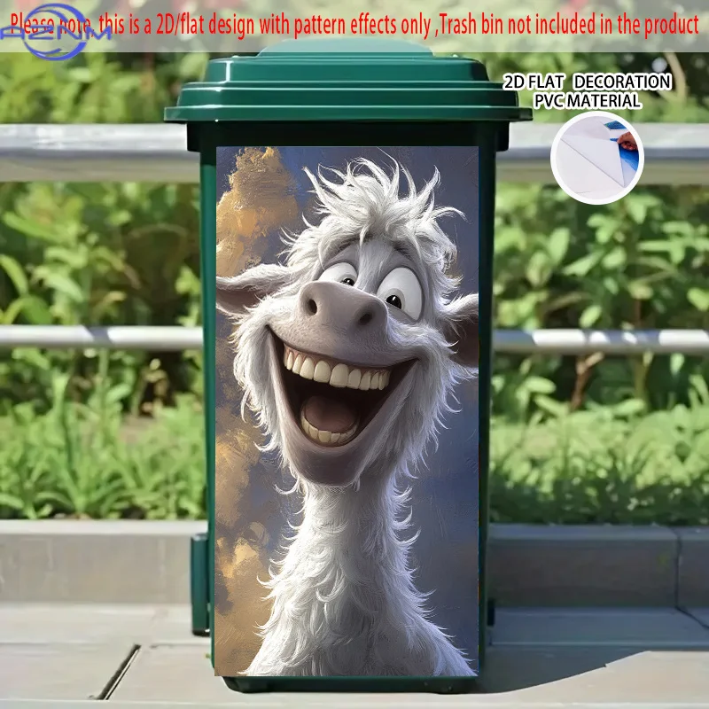 2D Flat, 1pc 2D Flat Self-Adhesive PVC Trash Can Sticker, 14.57x32.28 Inch - Whimsical Shaggy Sheep Design with Vibrant Colors