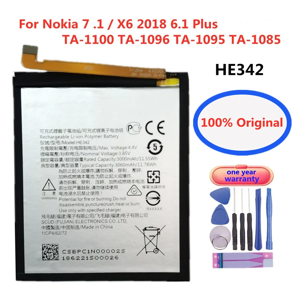 HE342 Original Battery for Nokia X6 2018 6.1 Plus / 7.1 TA-1100 TA-1096 TA-1095 TA-1085 HE 342 Mobile Phone Batteries