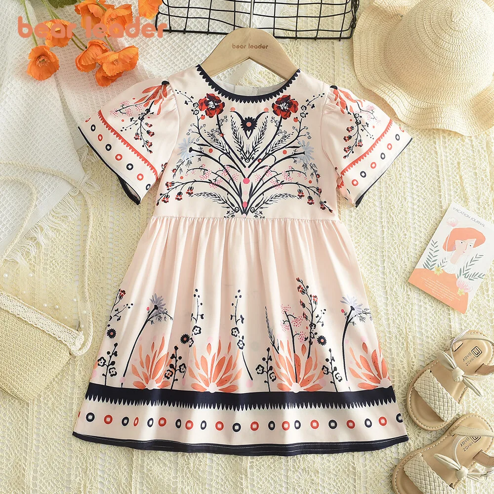 Bear Leader 3-7Y Girls Dresses Summer Short Sleeves Flower Printing Dress Round Neck Kids Clothing Casual Flora Baby Girl Cloths