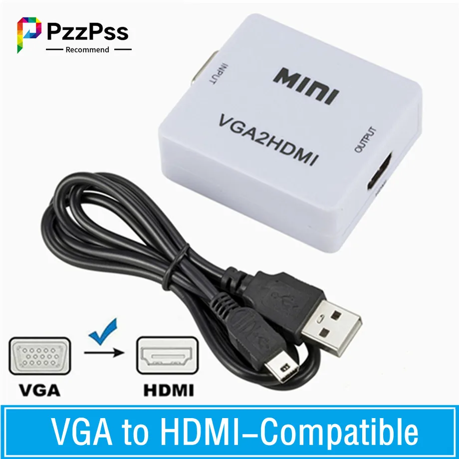PzzPss Portable Mini VGA to HDMI-compatible Video Converter 1080P HDMI-compatible To VGA Box Audio Adapter For PC HDTV Projector
