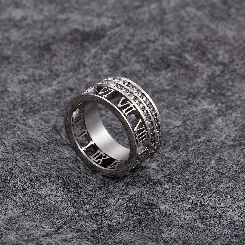 Stainless Steel Gold Silver Color Rings For Women Trendy Zircon Hollow Roman Numerals Wedding Party Finger Rings Jewelry Gifts