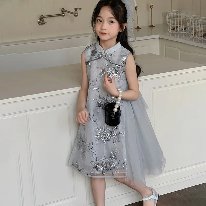 

Girls Skirt Cheongsam Skirt 2024 New Style Childrens Dress Summer Girls Short Sleeve Embroidery National Style Princess Dress