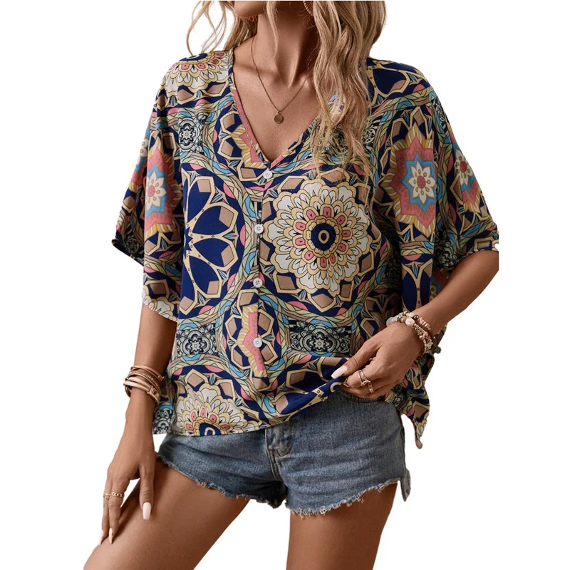 Boho Batwing Sleeve Print Shirt Blouse Women Fashion Summer Casual Loose V-neck Shirts For Women 2024 Striped Printed Tops Femme