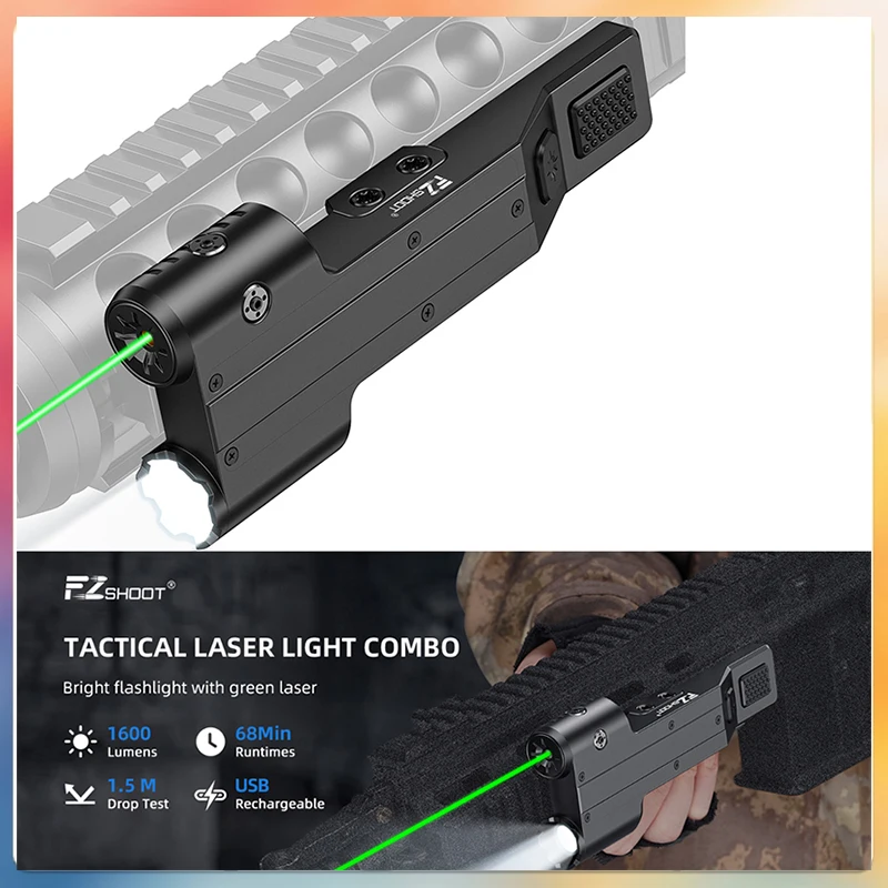 

EZshoot 1600 Lumen Tactical Flashlight Low Profile Green Laser Light Combo Compatible with Picatinny Rail Rechargeable Strobe