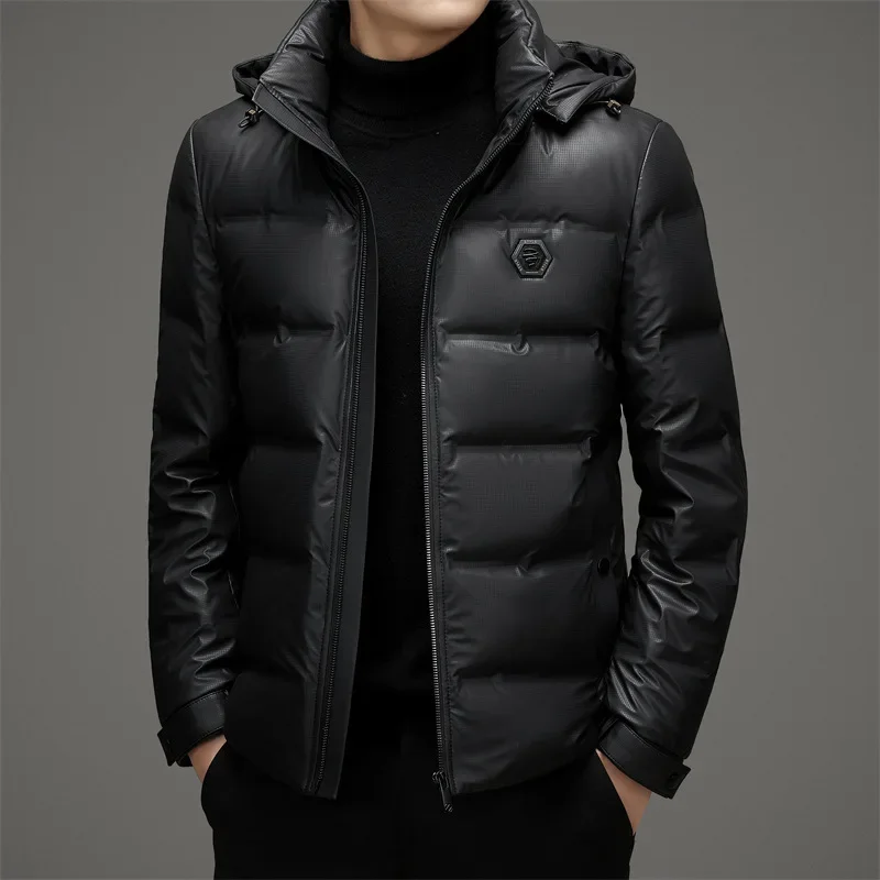 

Men's Winter Short White Duck Down Down Jacket with Thick Hood Windproof and Waterproof Middle-aged Jacket