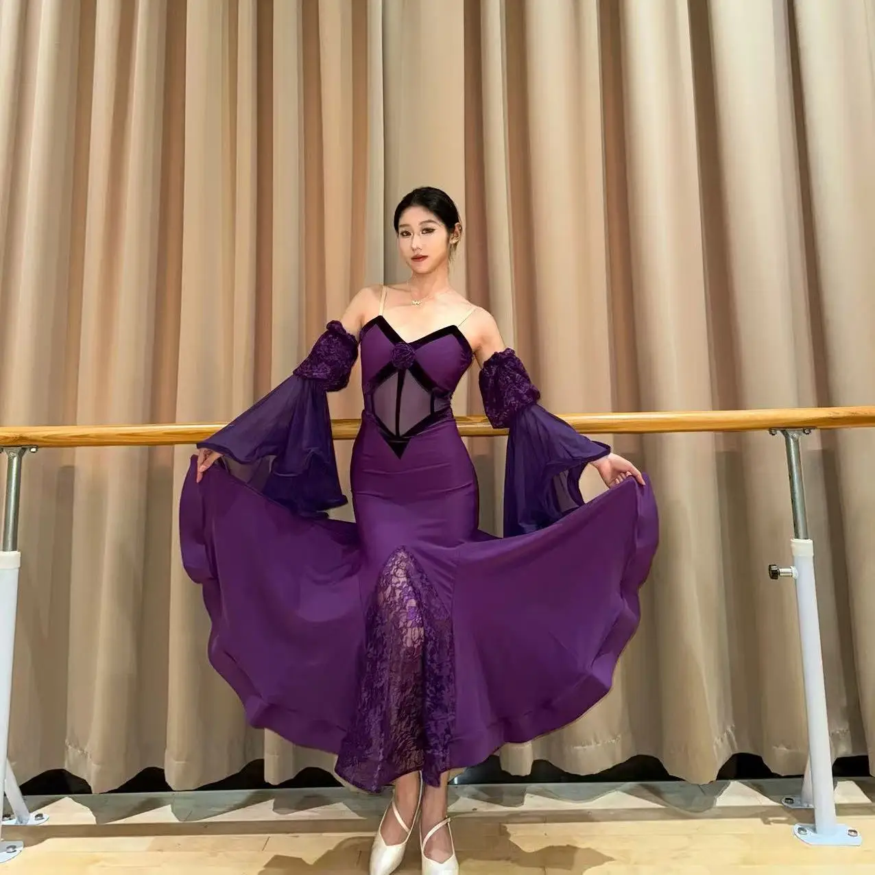 2025 novo vestido de competição de dança de salão para mulheres sexy sem costas roxo grande balanço vestido adulto roupas de dança moderna dqs21523