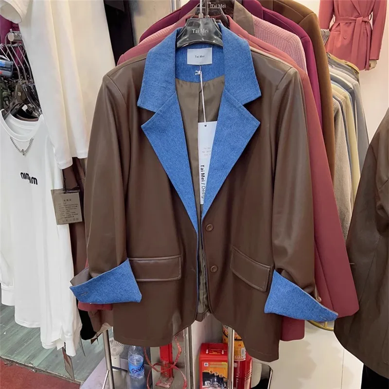 Veste en cuir PU pour femme, veste en cuir imbibée, manteau en cuir à simple boutonnage, mode denim épissée, poche, printemps, automne, 2024