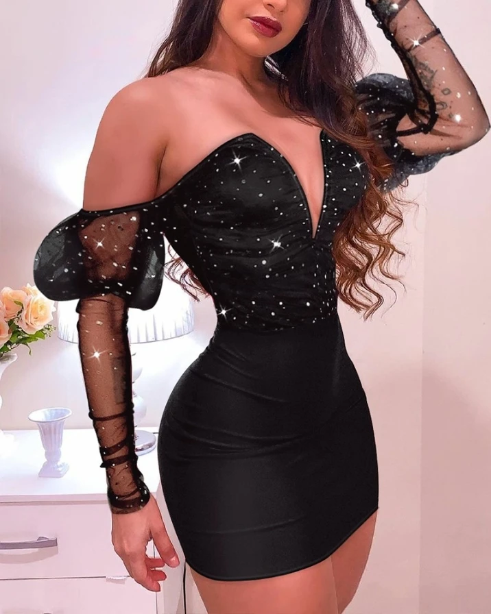 

Women's shiny V-shaped cut contrasting mesh Gigot sleeves slim fit dress fashionable, sexy and elegant 2025 new item