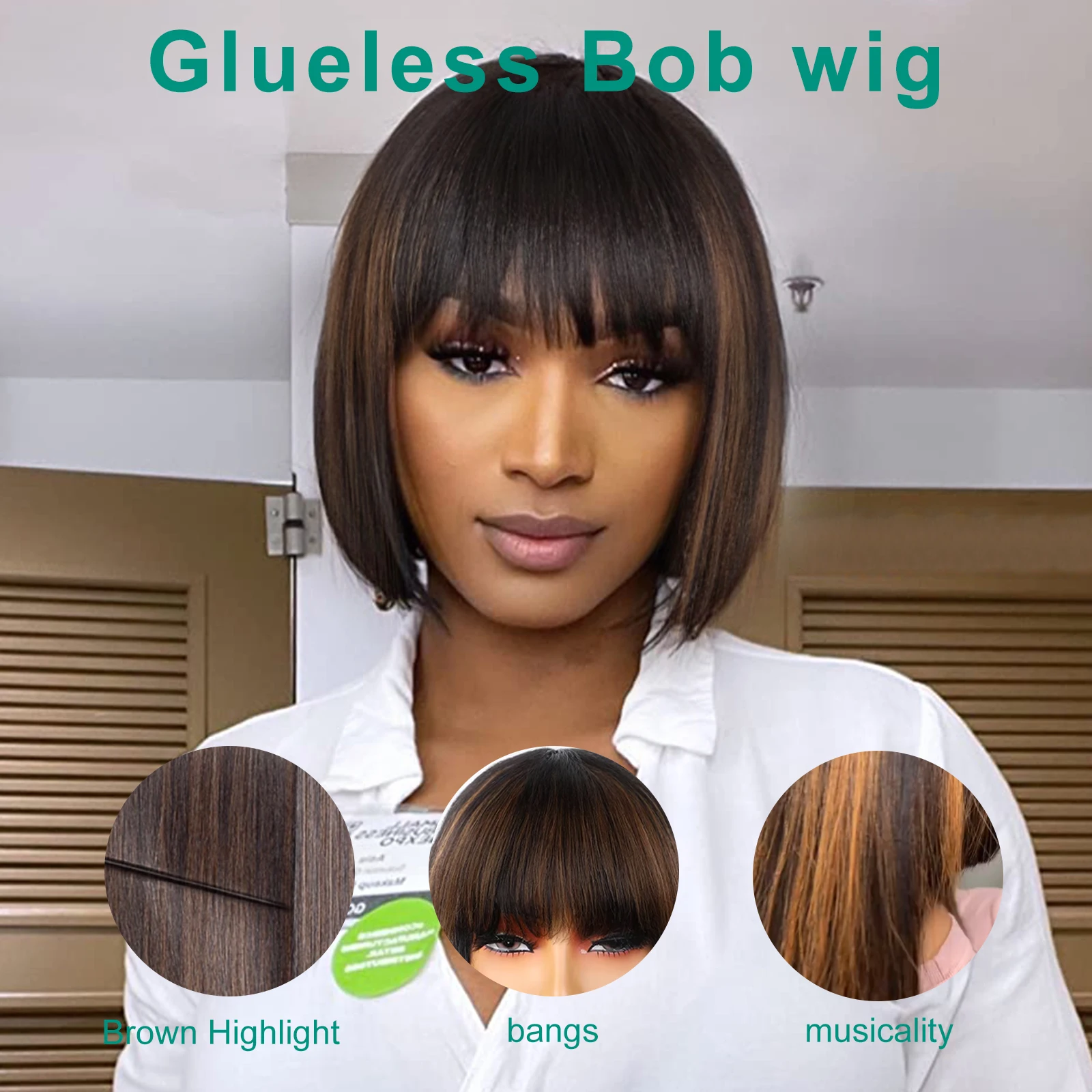 Brown Highlight Straight Short Bob Wig With Bangs Pre Plucked Minimalis 10 12Inch Glueless Lace Frontal Wig 100% Real Human Hair