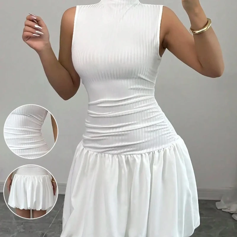 Elegant Tight Small Turtleneck Sleeveless Pleated Lantern Hem AB Fabric Splicing Pit Strip Woven White Summer Women's Dress