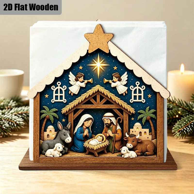 2D Flat 2pcs Wooden Christmas Napkin Holder Set Nativity Manger Scene Design with Angel Donkey Ox for Farmhouse Kitchen Tabletop