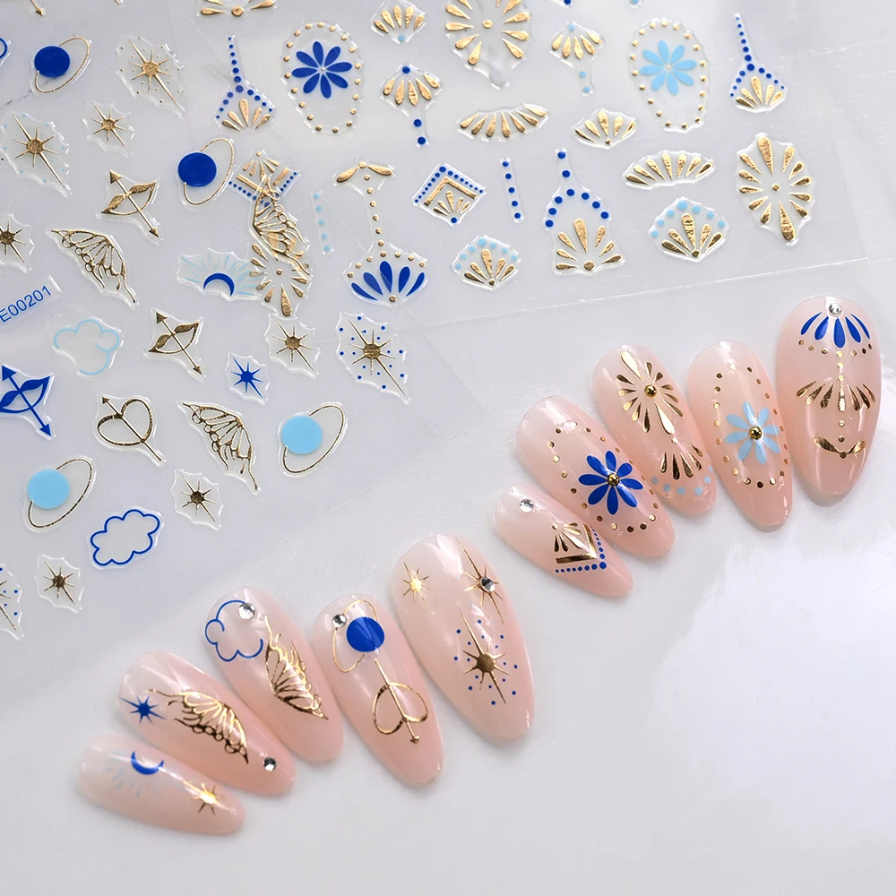 12 スタイル 3D ブロンズゴールド邪眼ネイルステッカーブルースター/ヘビ/フレンチ抽象ラインネイルステッカーボヘミア箔マニキュアスライダー