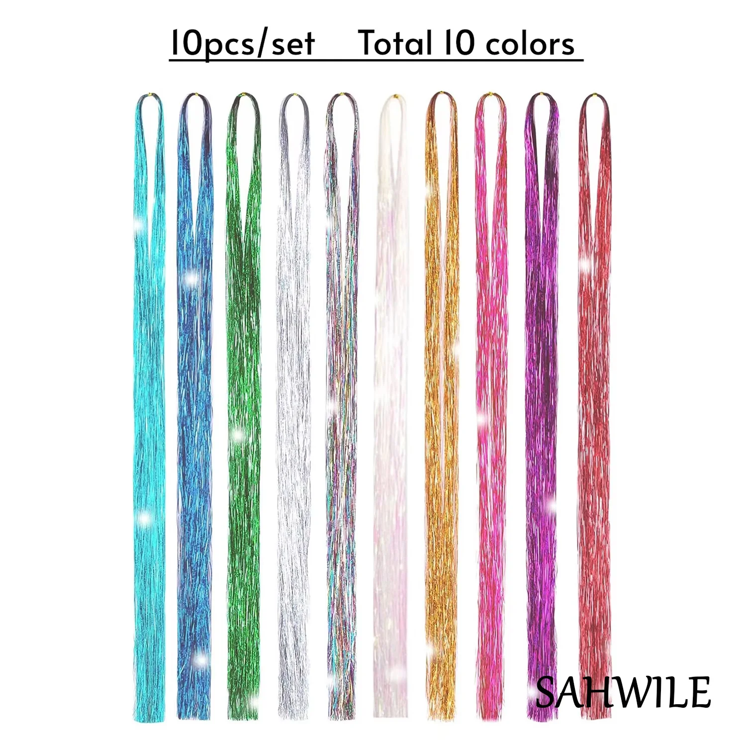 SAHWILE 10pcs/pack Tinsel Hair Extensions Glitter Hair 36 inch Mixed Color Synthetic Tinsel Hairpieces for New Year Christmas