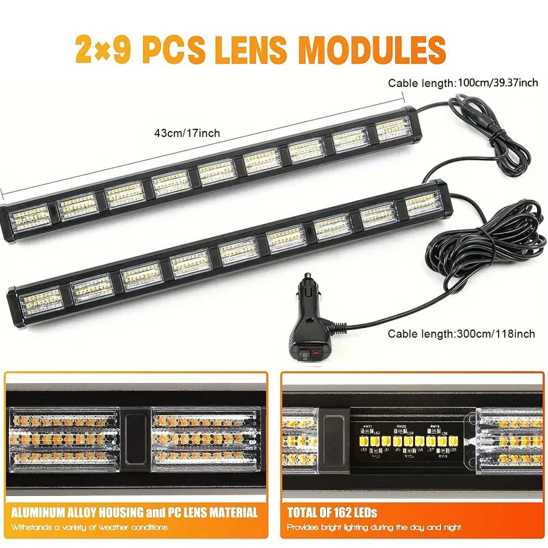 80 LED High Bright Emergency Strobe Flashing Warning Light Bar 26 Modes Switching, Car Plug Powered 12-24V Operating Voltage, T