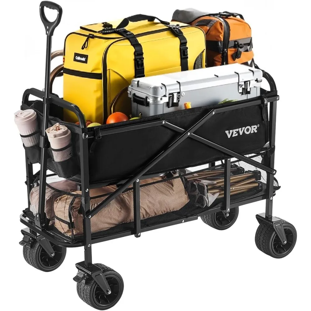 

400L/450lbs Large Collapsible Double Decker Wagon, Foldable Heavy Duty Beach Wagon Cart with Big Wheels for Sand