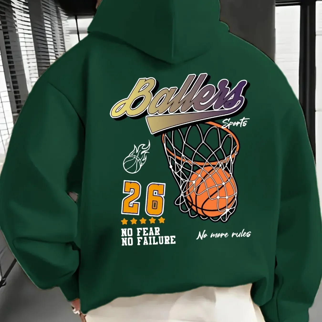 Men Thick Warm Hoodie Retro Ballers Sports Basketball Hoop Five Stars NO FEAR NO FAILURE Print Training Commute Pullover