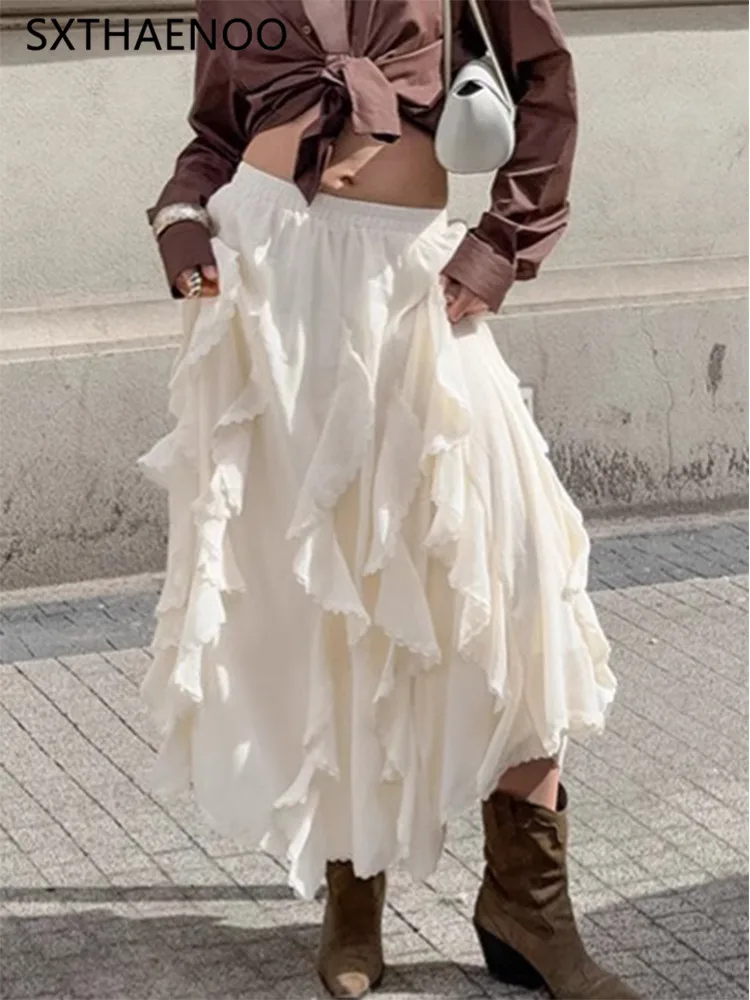 

SXTHAENOO 2025 Autumn French Apricot Ruffle Chiffon Half length Skirt Women's A-line Design Women's Clothing