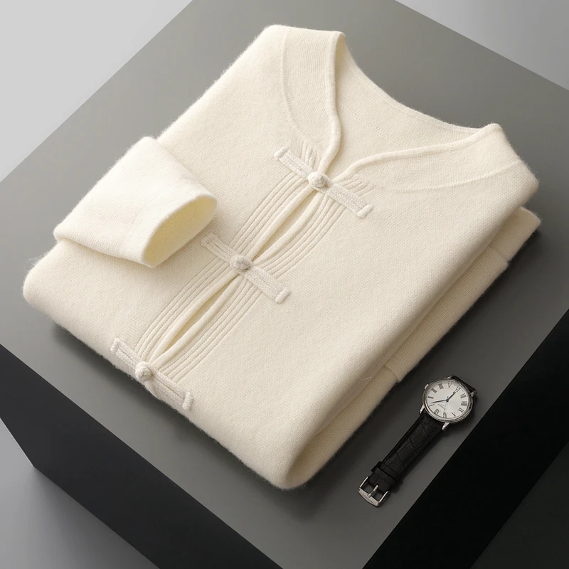 Chinese Style Men's Frog Button Cardigan Autumn Winter 100% Cashmere Knitwear Solid Color Sweater Retro Casual Classic Versatile