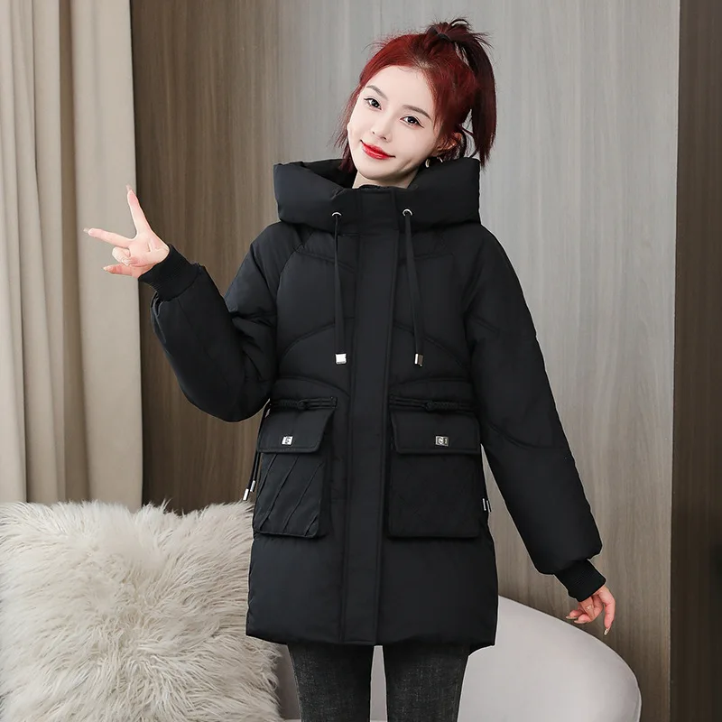 Winter Thickened Mid length Down Cotton Coat for Women 2023 New Loose Large Hooded Cotton Coat with Foreign Fashion Cotton Coat