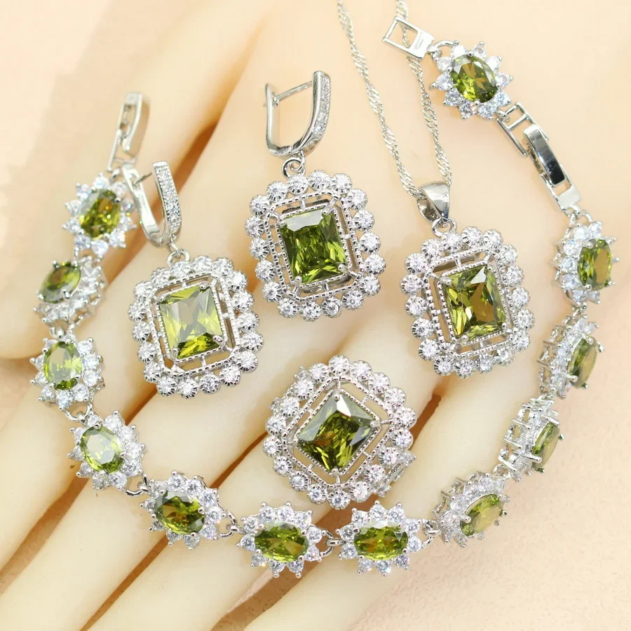 925 Silver Bridal Jewelry Sets For Women Green Zirconia Earrings Necklace Pendant Bracelet Open Ring Christmas Gift 4PCS