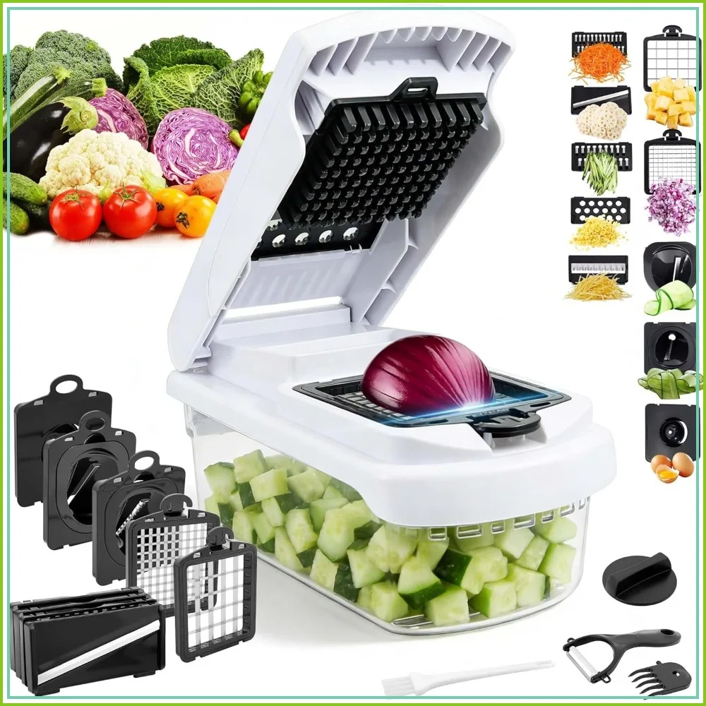 

18-in-1 Vegetable Chopper Mandoline Slicer for Kitchen, Food Chopper with Container, Veggie Cutter, Onion Mincer, Tomato Dicer, Fruit Slicer, Spiralizer, Cheese Grater, Gadgets