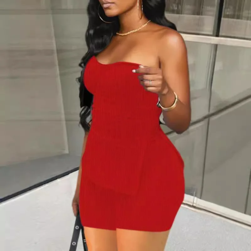 2025 ฤดูร้อนของผู้หญิงสองชิ้นที่ไม่มีสายหนังสีทึบแขนกุดแฟชั่นชุดกระโปรงสั้นลําลอง