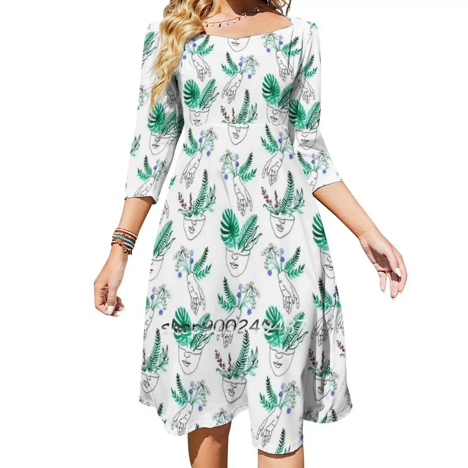 

Flora Y Fauna Sweetheart Knot Flared Dress Fashion Design Large Size Loose Dress Flower Flowers Plant Plants Leaf Leaves Flora