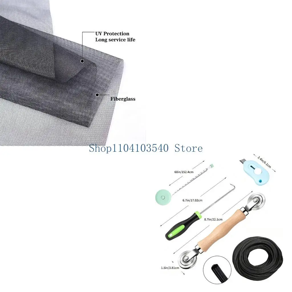 02DC Manual Screen Door Repair Set with Retainer Cord, Screen Cloth and Roller Set for Kitchen and Bedroom Screen Care