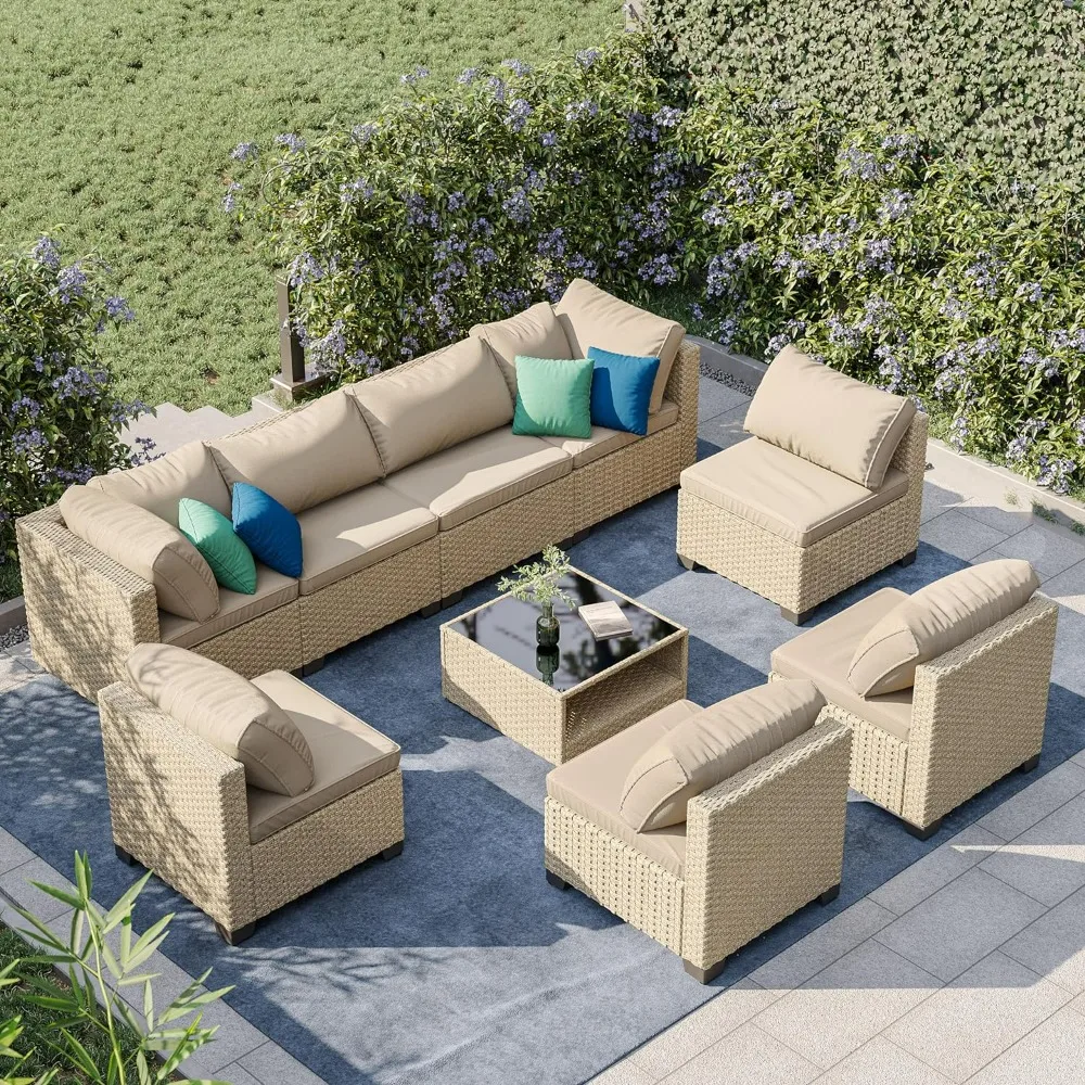 

Patio Furniture Set with Water Resistant Beige Thick Cushions and Storage Table,9-Piece All-Weather Outdoor Conversation Set