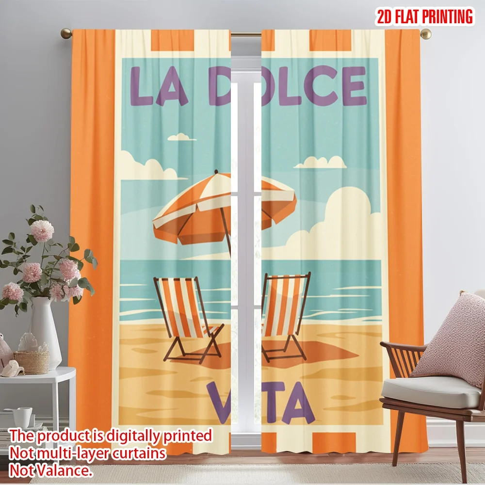 

2pcs 2D flat printing Scene Curtain Beach Life Sun Relax Fabric Without Electricity Festive Curtains Perfect for Wall art Party